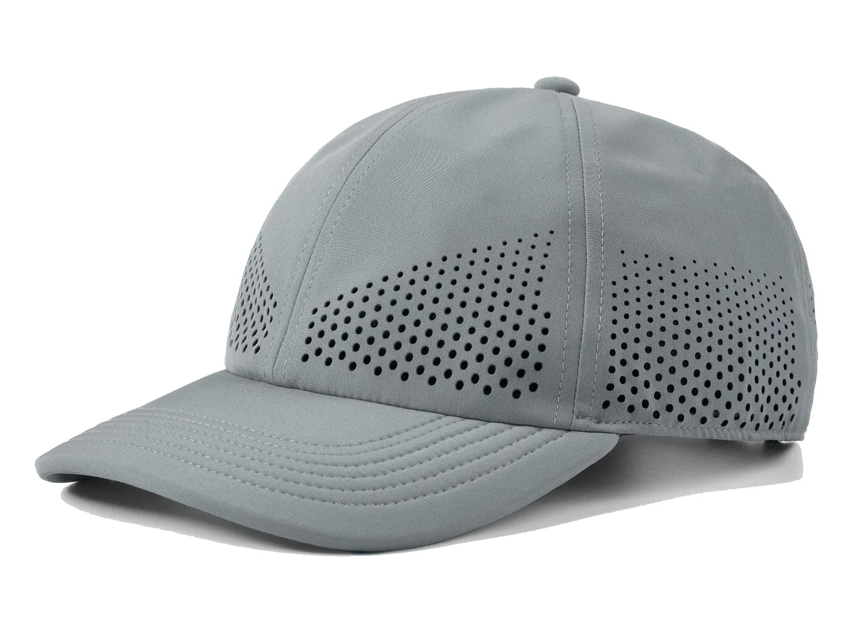 Custom grey performance golf cap with laser-cut ventilation for club and corporate programs - Crownflow Headwear