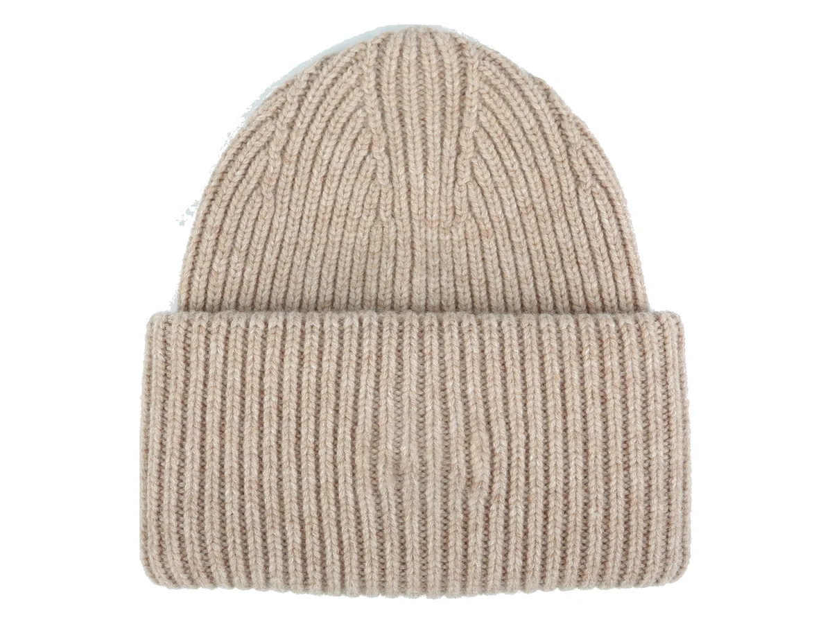 Custom beige merino wool ribbed beanie with a cuffed fit for winter private-label programs - Crownflow Headwear
