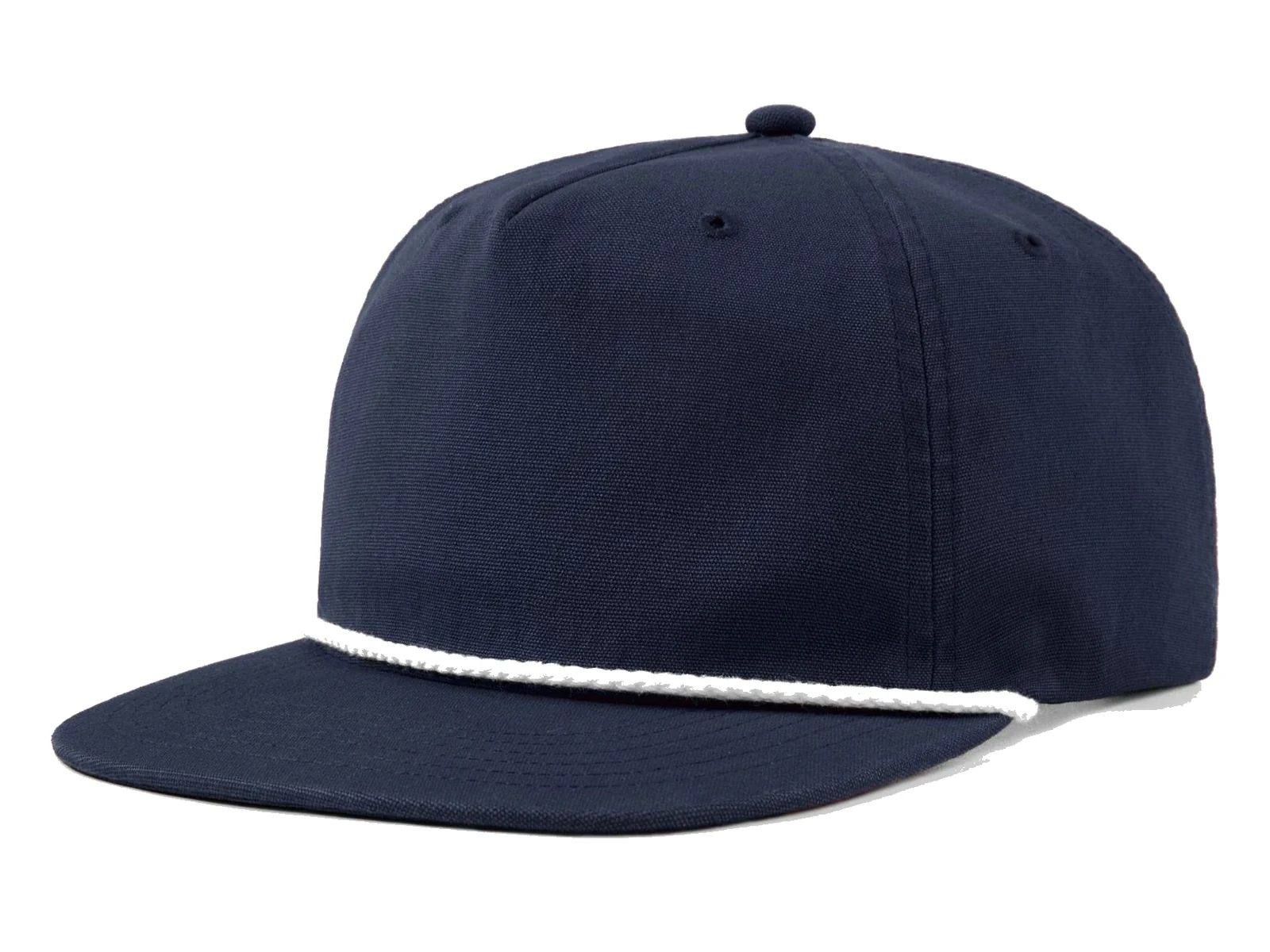 Custom navy flat-brim snapback cap with white piping for brand merchandise - Crownflow Headwear
